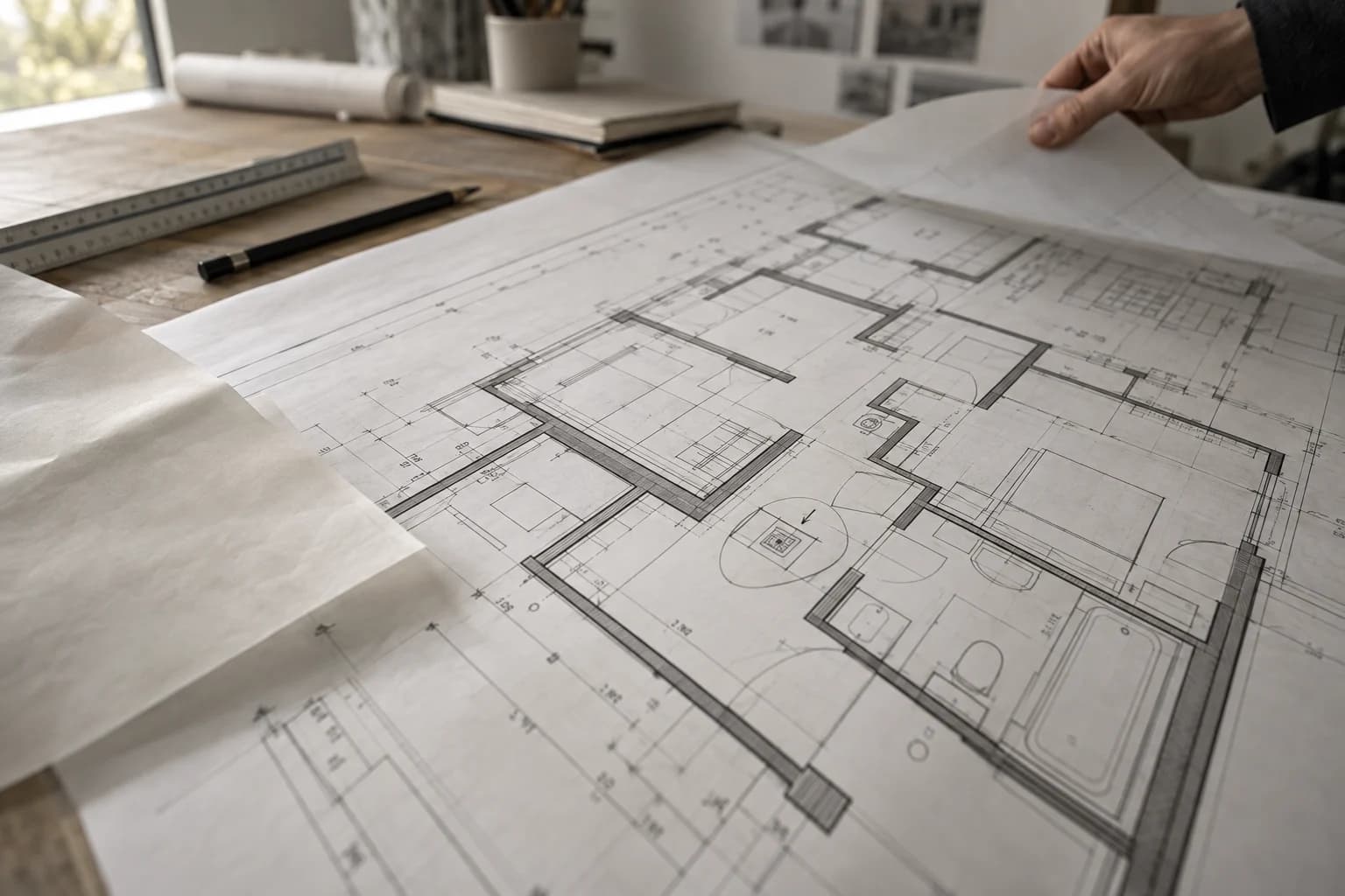 Printed residential floor plan with a detail marked for review